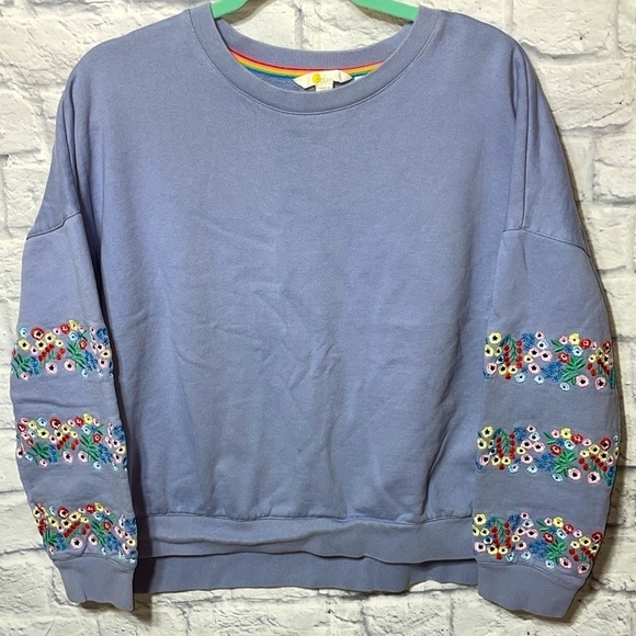 Boden Jasmine Boho Floral Embroidered Pullover Sweatshirt Shacket Top in River - Picture 7 of 11